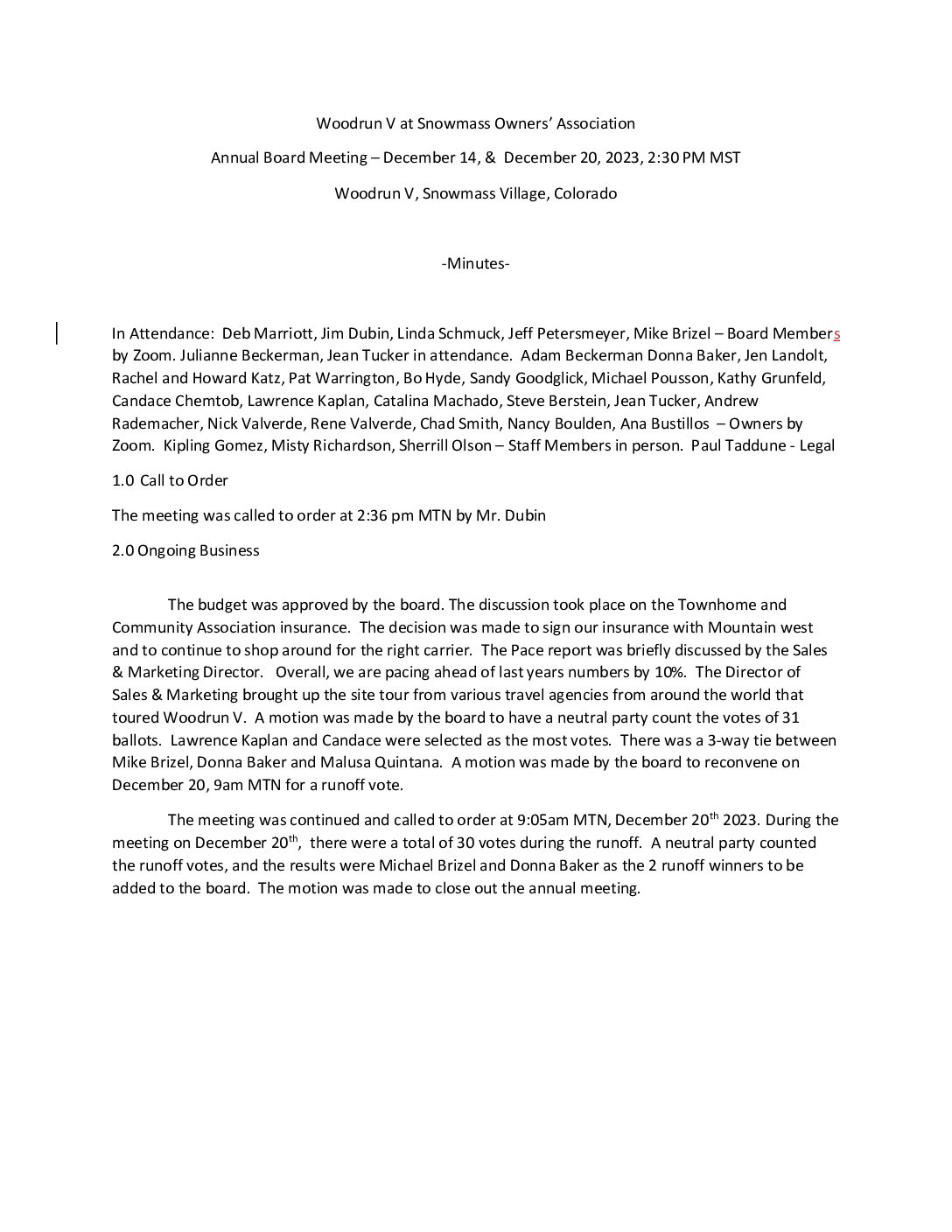 Annual Board Meeting Minutes December 14, & December 20