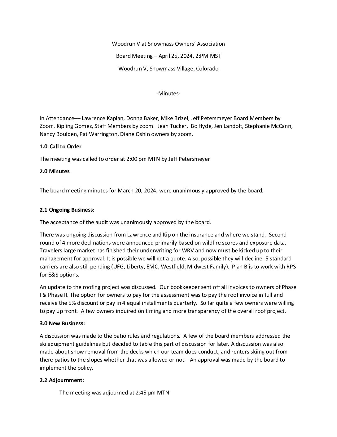 Board Meeting Minutes April 25, 2024