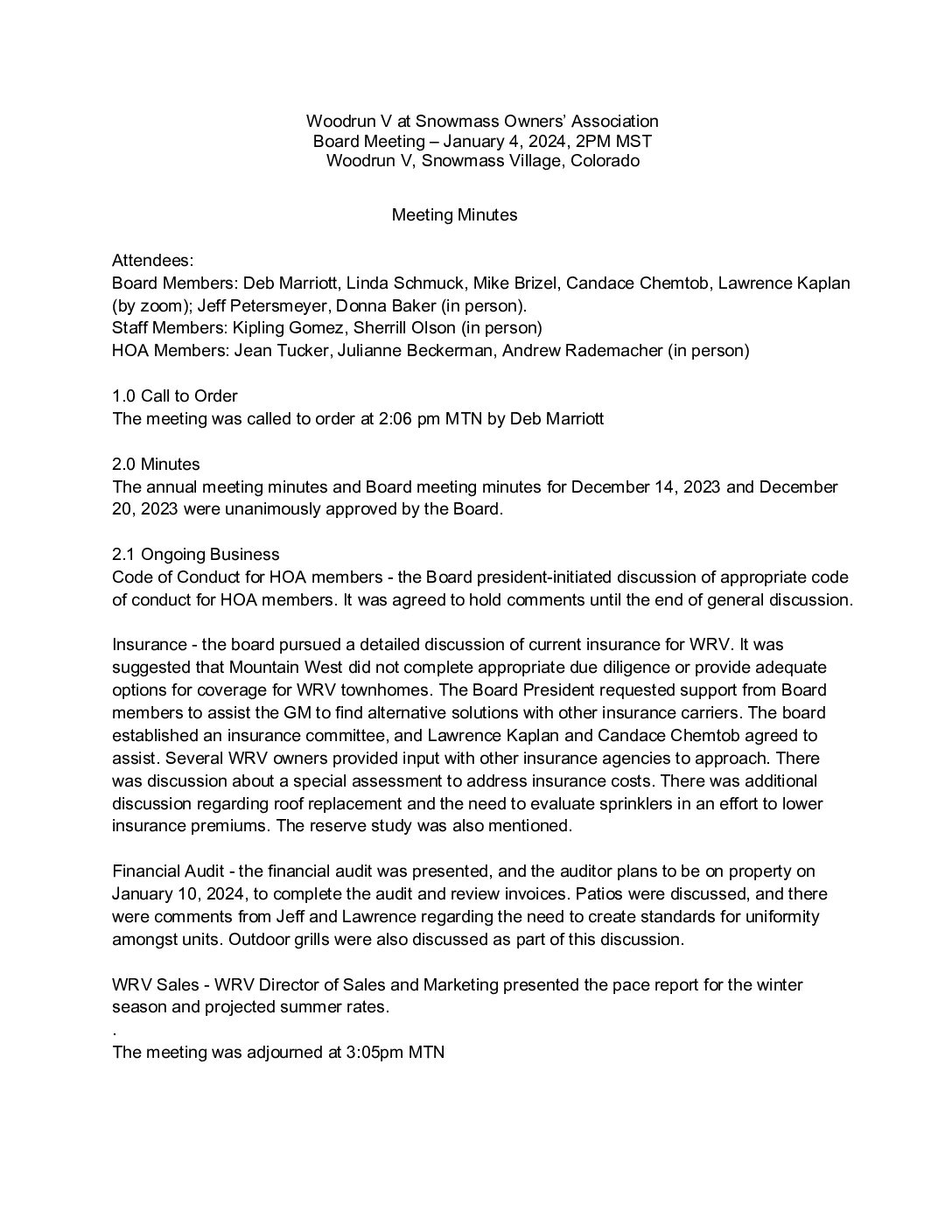 Board Meeting Minutes January 4, 2024