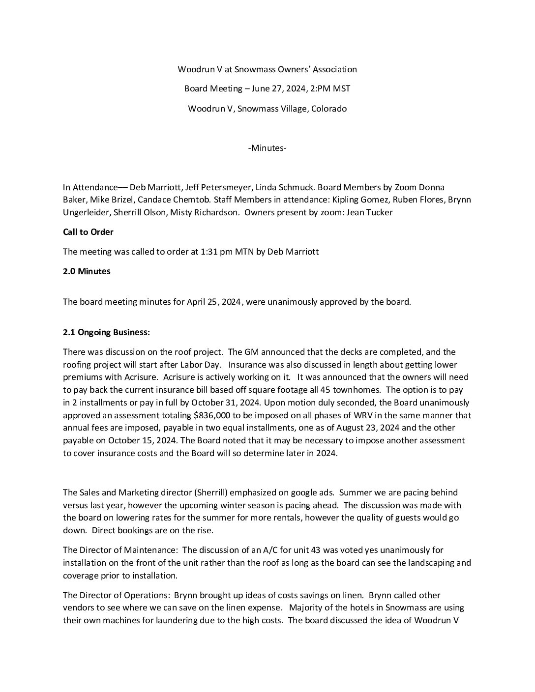 Board Meeting Minutes June 27, 2024