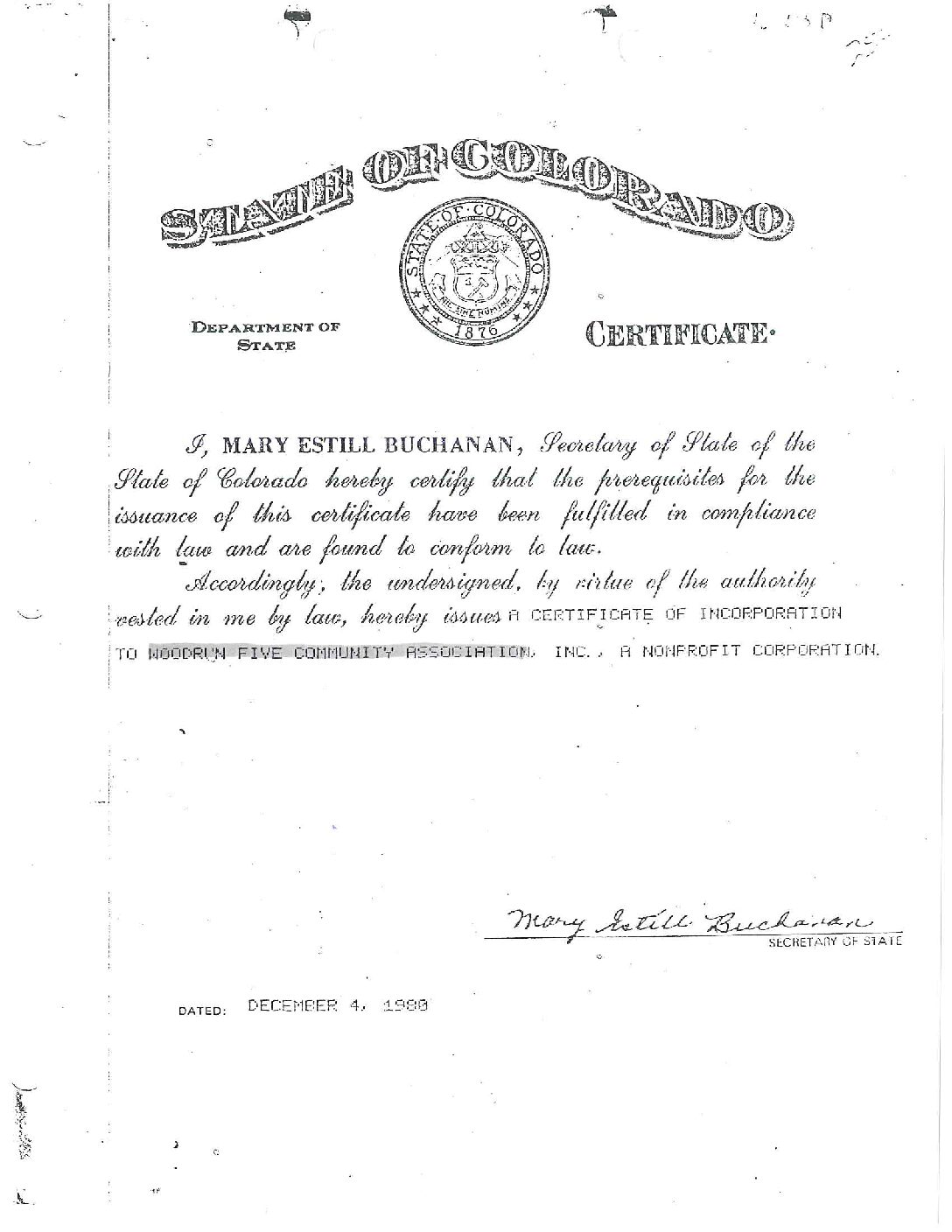 Community Association Cert Incorp