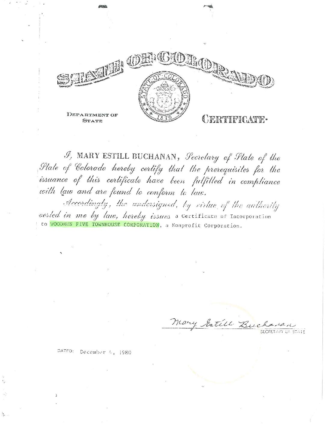 Townhouse Corp Cert. Incorp