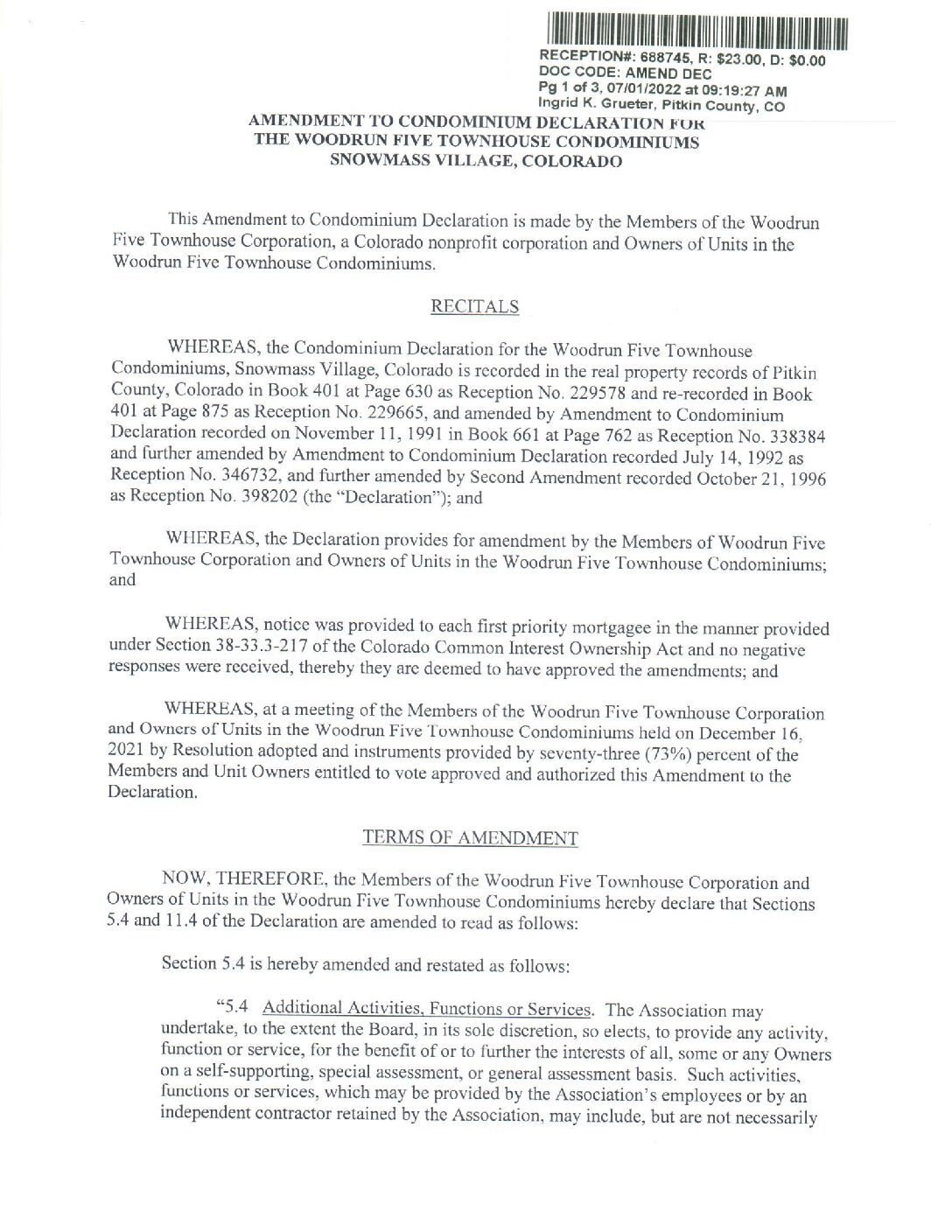 Woodrun V Amendment to Declaration Rental Program