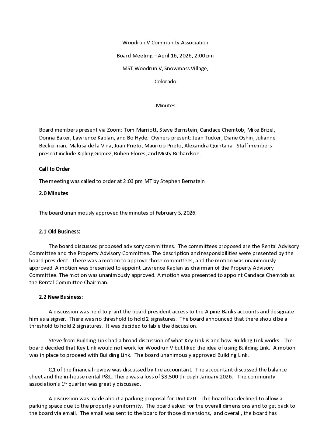 Board Meeting Minutes April 16, 2026
